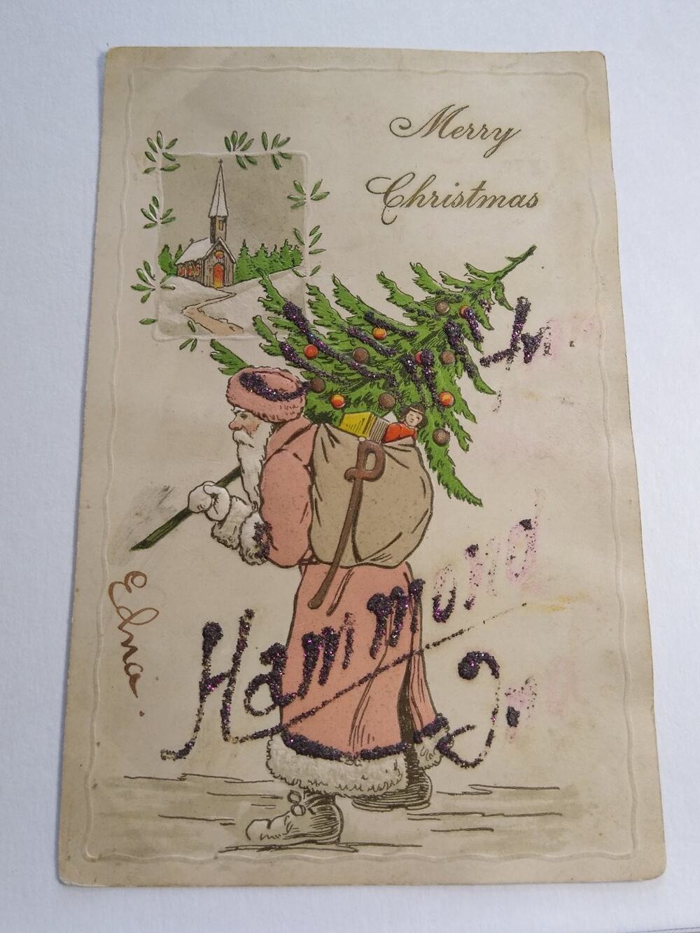 1906 Santa Claus Christmas Postcard with Glitter & Church Scene Old World